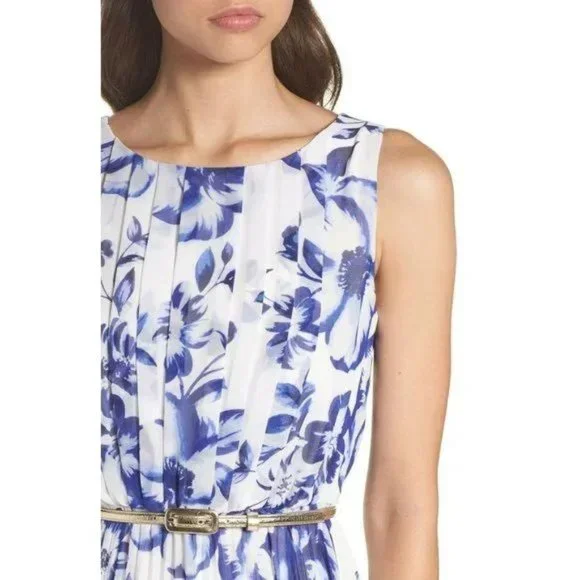 NWT Eliza J Pleated Floral Sleeveless Chiffon Belted Maxi Dress Cobalt Blue 18 - Picture 3 of 11